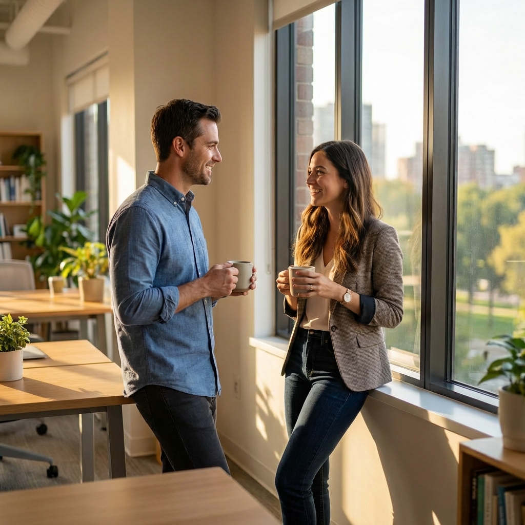 笑顔で会話する職場の同僚